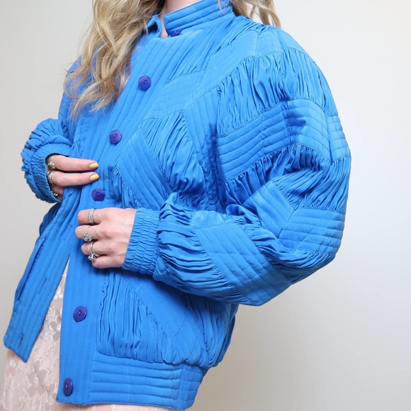 Vintage 80s Perlita blue silk ruched track jacket - Picture 7 of 8